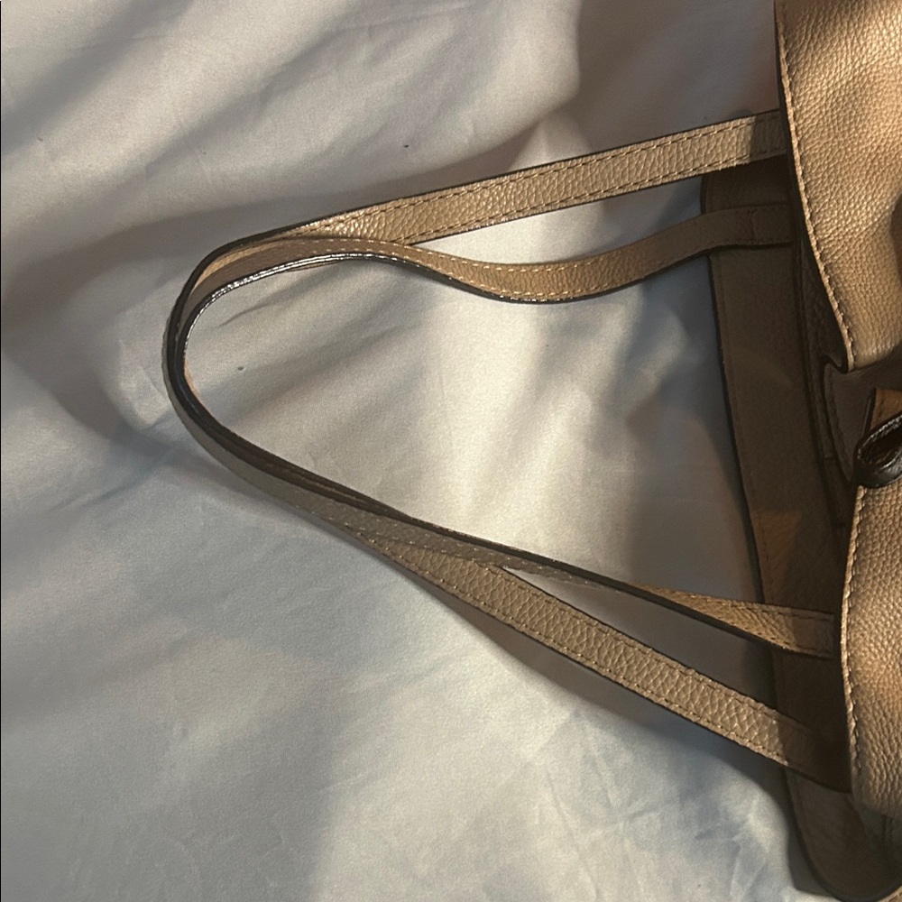 Kate Spade Two-Tone Leather Drawstring Bucket Tote | Tan Black Pebbled Bag - Picture 2 of 6